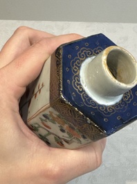 A pair of Chinese famille verte hexagonal tea caddies and covers with floral design, Kangxi