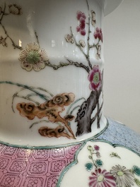 A Chinese famille rose 'pheasants and flowers' rouleau vase, 19th C.
