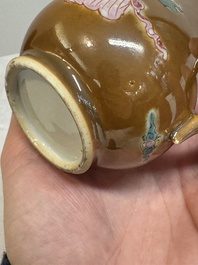 A Chinese famille rose capucin-brown-ground 'Magu' ewer and cover, Yongzheng/Qianlong