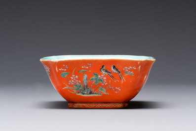 A Chinese coral-red-ground famille rose square bowl and a sgraffito-ruby-ground bowl, Qianlong and Tongzhi mark, 19/20th C.