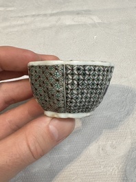 Two small Chinese famille verte handled cups with 'prunus on cracked ice' and 'shou' design, Kangxi