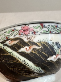 A Chinese famille rose and grisaille 'mountainous landscape' cup and saucer, Yongzheng
