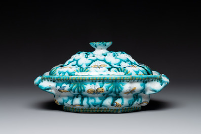 A Brussels faience tureen and cover with butterflies and caterpillars, 18th C.
