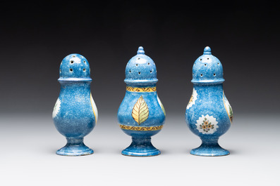 Three polychrome Brussels faience canisters, 18/19th C.