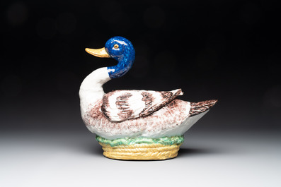 A polychrome Brussels faience duck-shaped tureen and cover, 2nd half 18th C.