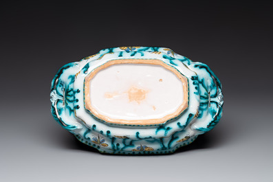 A Brussels faience tureen and cover with butterflies and caterpillars, 18th C.