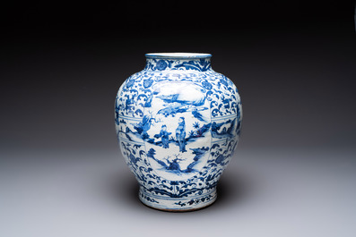 A large Chinese blue and white baluster vase with figures and landscapes, Transitional period
