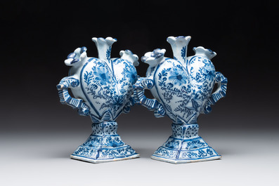 A pair of blue and white German Delftware heart-shaped tulip vases, 18th C.