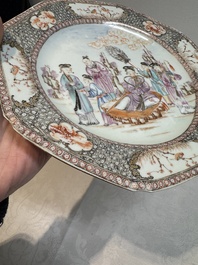 A pair of Chinese Canton famille rose 'mandarin subject' octagonal plates, Qianlong