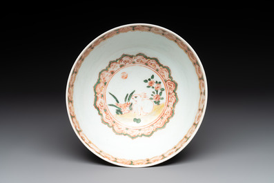 A Chinese wucai 'pomegranate, peony and rabbit' bowl, Transitional period
