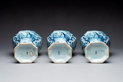 A large blue and white Dutch Delft garniture of five vases and covers, 2nd half 18th C.