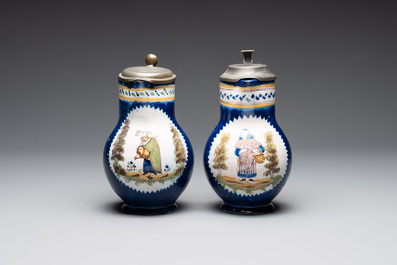 A collection of five polychrome Brussels faience jugs, some with pewter-mounts, 18/19th C.