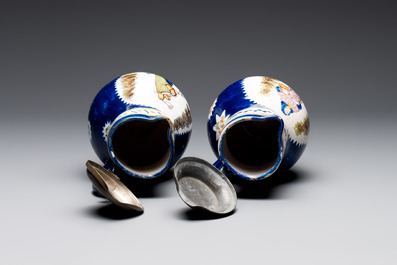 A collection of five polychrome Brussels faience jugs, some with pewter-mounts, 18/19th C.