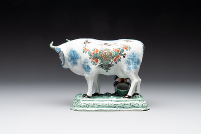 A pair of unusual polychrome Dutch Delft milking groups, 18th C.