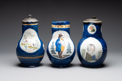 A collection of five polychrome Brussels faience jugs, some with pewter-mounts, 18/19th C.