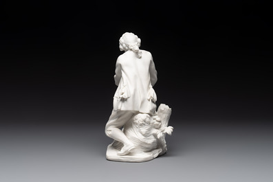 A S&egrave;vres biscuit porcelain figure 'Le Porteur de Mouton' by Fernex, after Boucher, 18th C.