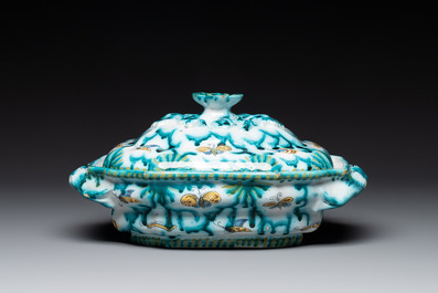 A Brussels faience tureen and cover with butterflies and caterpillars, 18th C.