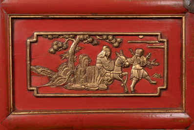 A large and fine Chinese gilt-red-lacquered cabinet with figures and antiquities, 19th C.