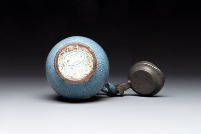 A monochrome blue Brussels faience pewter-mounted jug, 18th C.