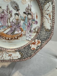 A pair of Chinese Canton famille rose 'mandarin subject' octagonal plates, Qianlong