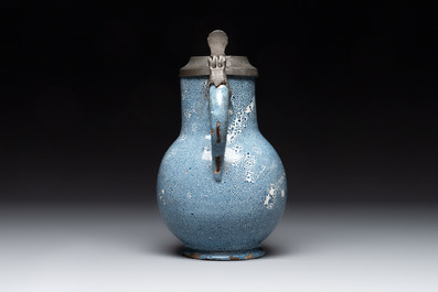 A monochrome blue Brussels faience pewter-mounted jug, 18th C.