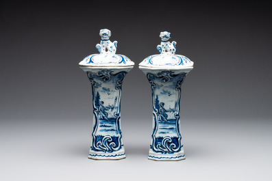 A blue and white Dutch Delft garniture of five vases and covers, 2nd half 18th C.