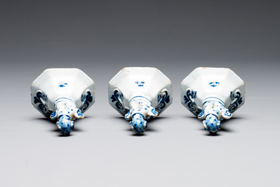 A blue and white Dutch Delft garniture of five vases and covers, 2nd half 18th C.
