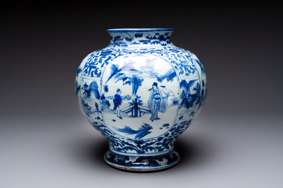 A Chinese blue and white baluster vase with figures and landscapes, Transitional period