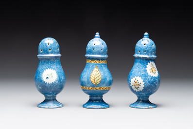 Three polychrome Brussels faience canisters, 18/19th C.