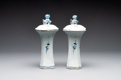 A blue and white Dutch Delft garniture of five vases and covers, 2nd half 18th C.