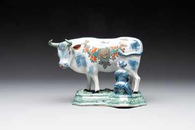 A pair of unusual polychrome Dutch Delft milking groups, 18th C.