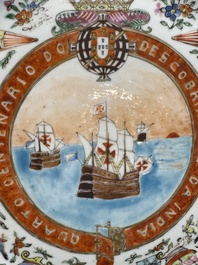 A Chinese Canton famille rose memorial plate commemorating the discovery of the sailing route to India, ca. 1900