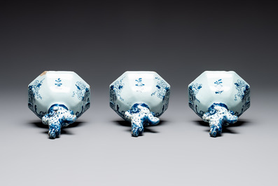 A large blue and white Dutch Delft garniture of five vases and covers, 2nd half 18th C.