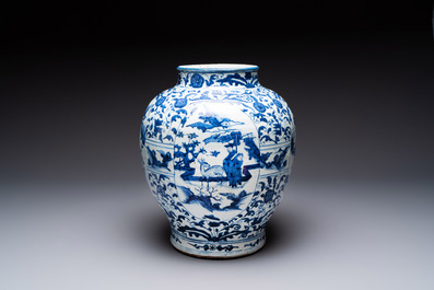 A large Chinese blue and white baluster vase with figures and landscapes, Transitional period