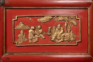 A large and fine Chinese gilt-red-lacquered cabinet with figures and antiquities, 19th C.
