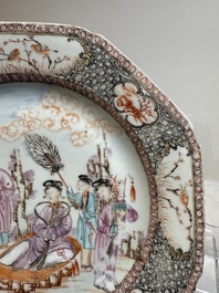 A pair of Chinese Canton famille rose 'mandarin subject' octagonal plates, Qianlong