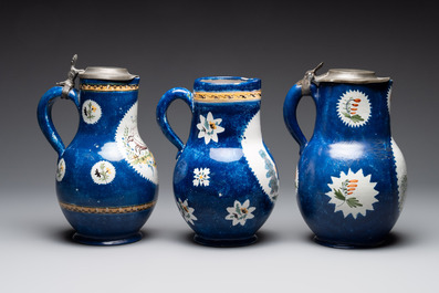 A collection of five polychrome Brussels faience jugs, some with pewter-mounts, 18/19th C.