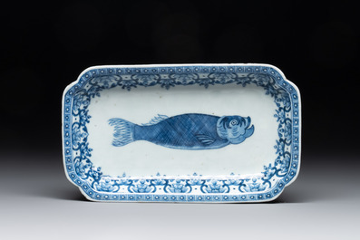 A pair of Chinese blue and white 'herring' dishes, Qianlong