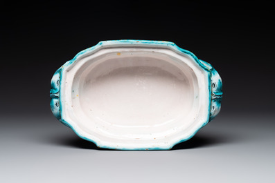 A Brussels faience tureen and cover with butterflies and caterpillars, 18th C.
