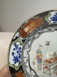 A Chinese famille rose silver and gilt-decorated plate with figural design, Yongzheng/Qianlong