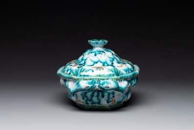 A Brussels faience tureen and cover with butterflies and caterpillars, 18th C.
