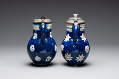 A collection of five polychrome Brussels faience jugs, some with pewter-mounts, 18/19th C.