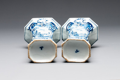 A blue and white Dutch Delft garniture of five vases and covers, 2nd half 18th C.