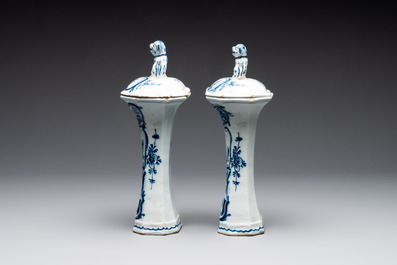 A blue and white Dutch Delft garniture of five vases and covers, 2nd half 18th C.