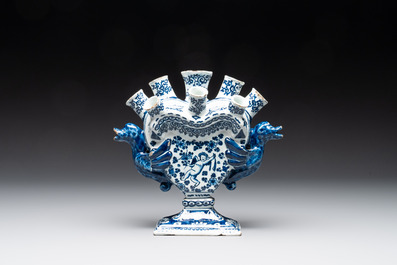 A pair of blue and white Dutch Delft heart-shaped tulip vases, early 18th C.