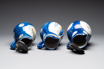 A collection of five polychrome Brussels faience jugs, some with pewter-mounts, 18/19th C.