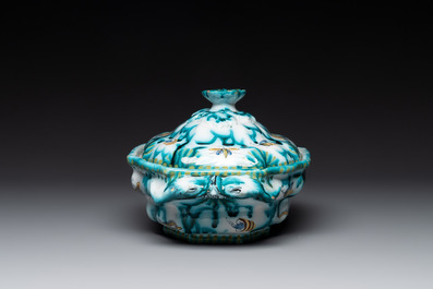A Brussels faience tureen and cover with butterflies and caterpillars, 18th C.