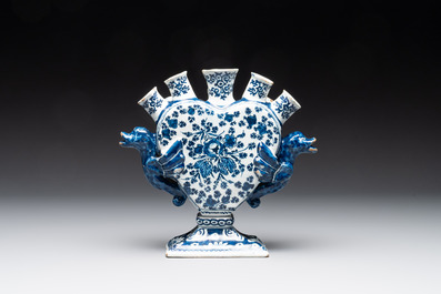 A pair of blue and white Dutch Delft heart-shaped tulip vases, early 18th C.