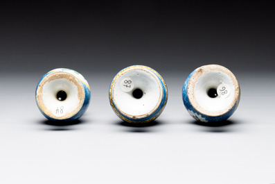 Three polychrome Brussels faience canisters, 18/19th C.