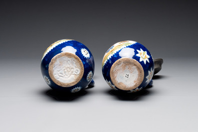 A collection of five polychrome Brussels faience jugs, some with pewter-mounts, 18/19th C.
